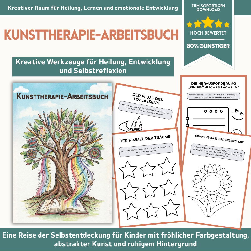 Kunsttherapie-Arbeitsbuch für Kinder & Jugendliche – 125+ ausdruckbare Aktivitäten zur psychischen Gesundheit (CBT, Achtsamkeit & SEL)